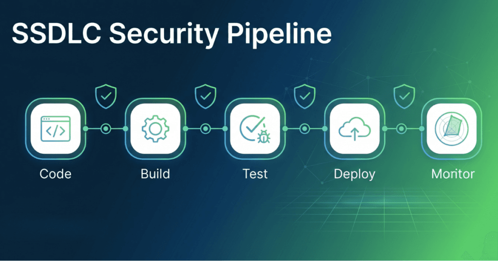 What is SSDLC pipeline showing secure software development lifecycle stages from code to deployment